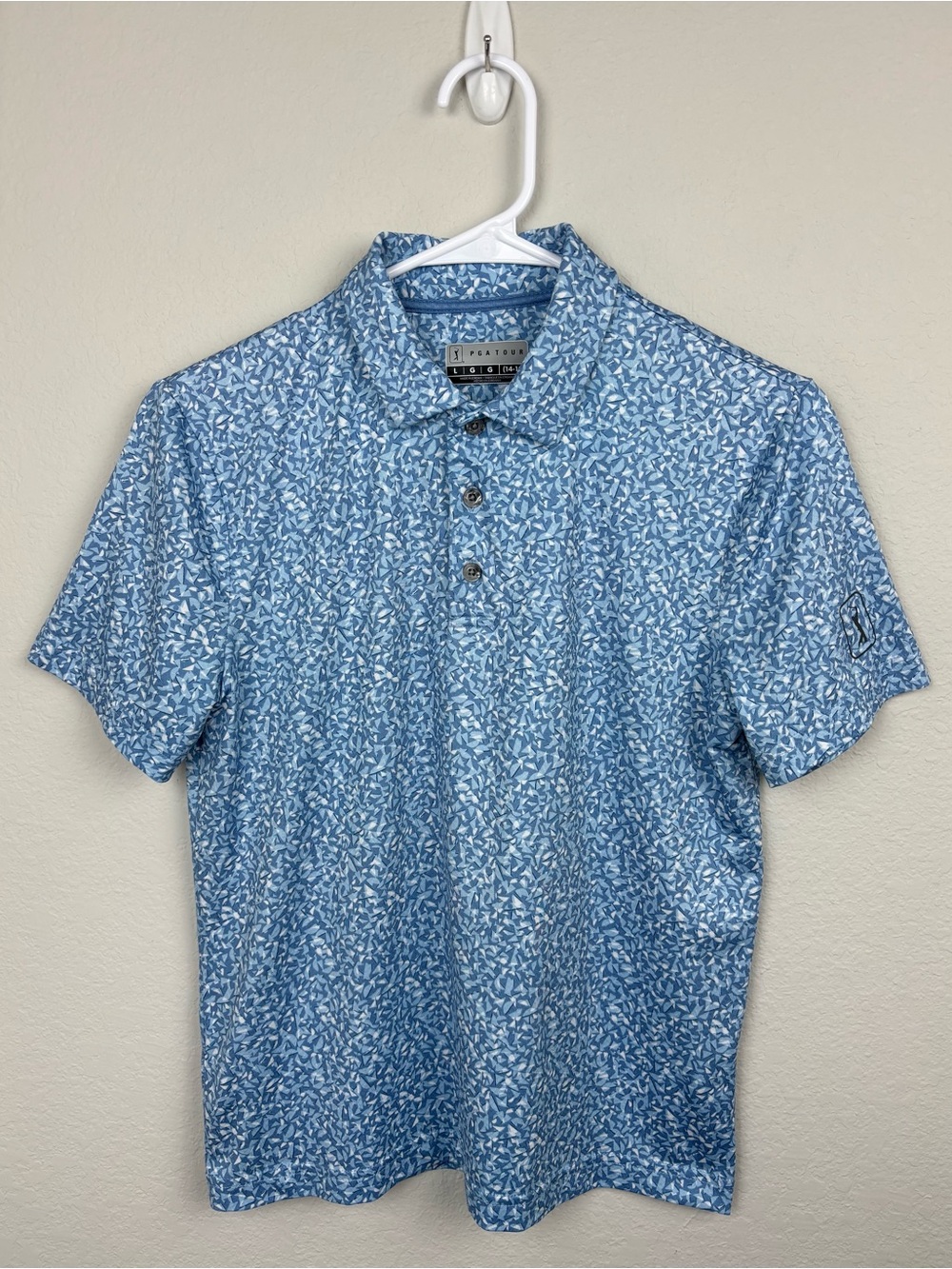 PGA Tour Boys Large 14-16 Short Sleeve Geometric Print Performance Golf Polo